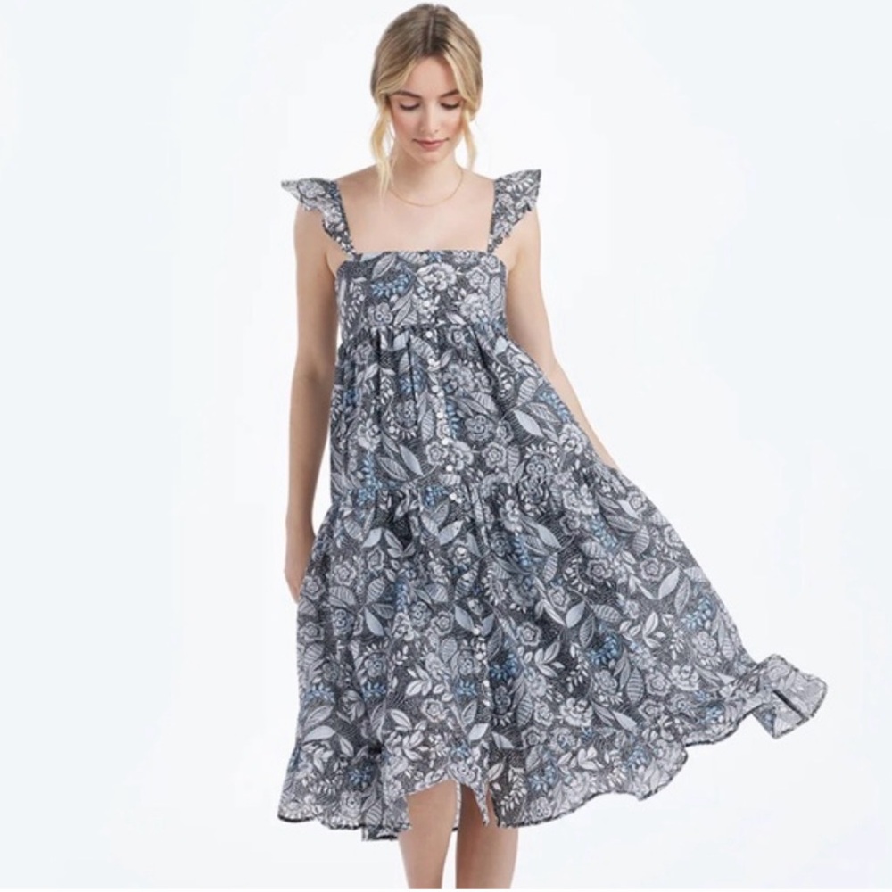 summersalt Floral Tiered Midi Ruffle Vacation Dress Blue XS